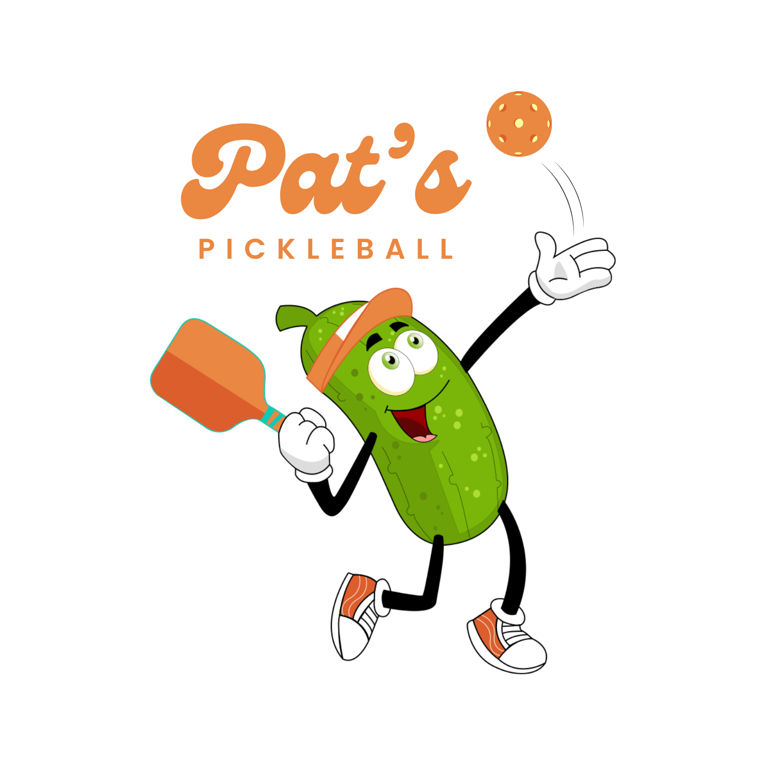 Pat's Pickleball mascot — a happy pickle holding a paddle